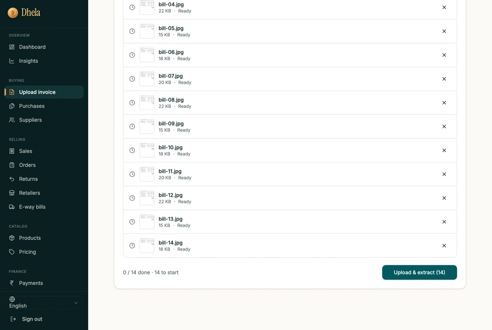 Dhela bulk upload screen with fourteen supplier bills queued as thumbnails, each marked Ready, and an Upload and extract button showing 14 files